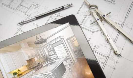 Computer,Tablet,Showing,Kitchen,Illustration,Sitting,On,House,Plans,With Mietminderung bei Flächenabweichung und Wasserschaden